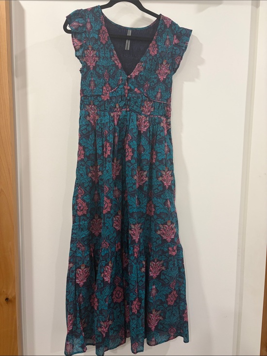Anthropologie Dresses & Skirts - Anthropologie 100% Cotton Teal Maxi Dress with Pink Floral Print Size Small